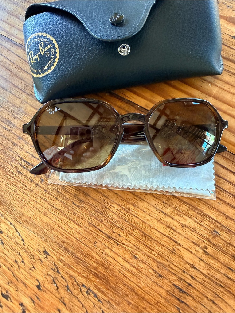 Ray-Ban Black Leather Case with Brown Sunglass Temple and Cleaning Cloth